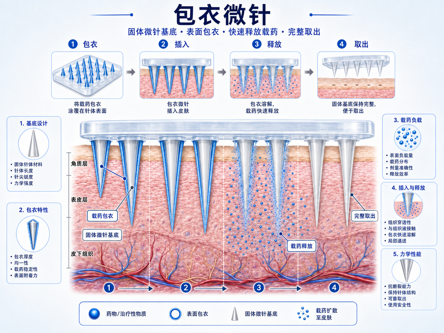 中文版包衣微针表面包衣、插入、释放与完整移除原理图