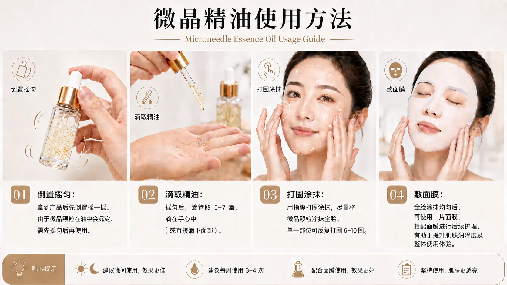 微晶精华油使用方法 微晶精华油使用方法,包括倒置摇匀、滴取精油、打圈涂抹和搭配面膜使用