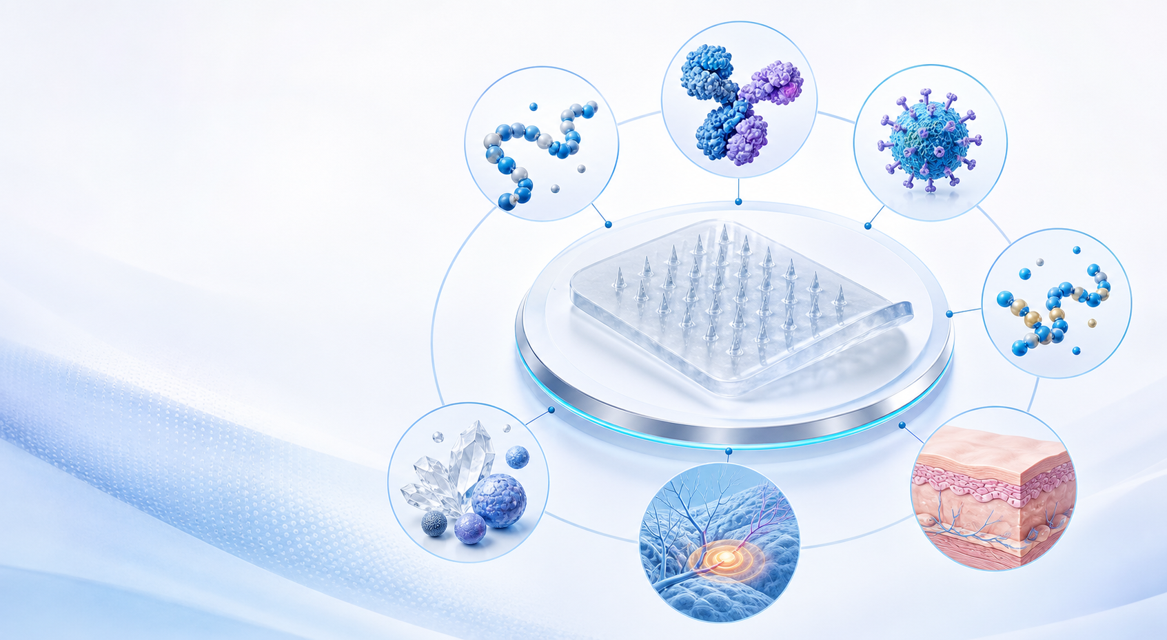 Scientific concept illustration of microneedle research applications and payload categories