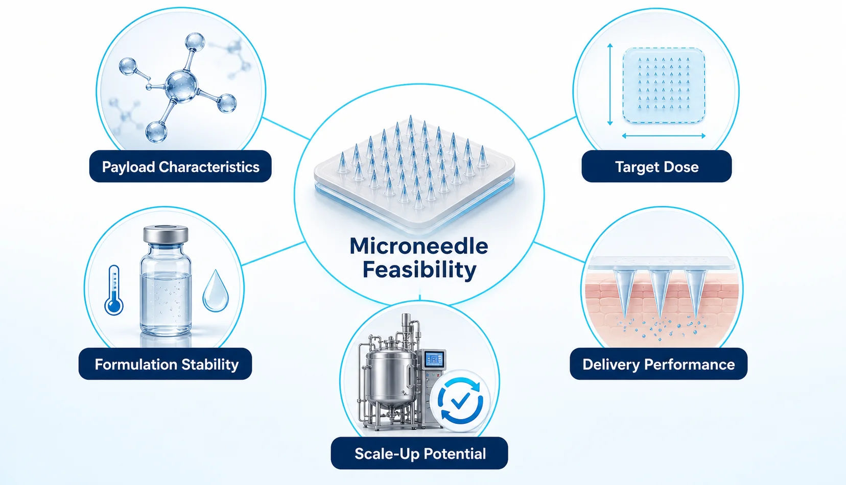 Five microneedle feasibility assessment dimensions: payload, dose, stability, delivery and scale-up