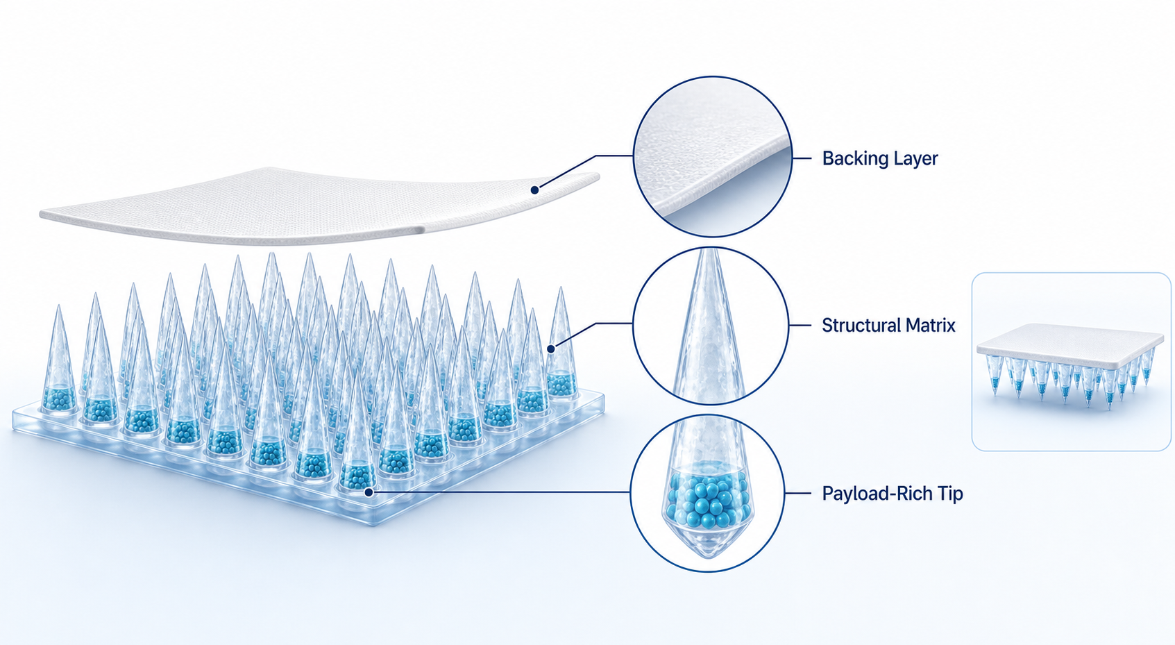 Illustrative layered microneedle structure showing a payload-rich tip and structural matrix