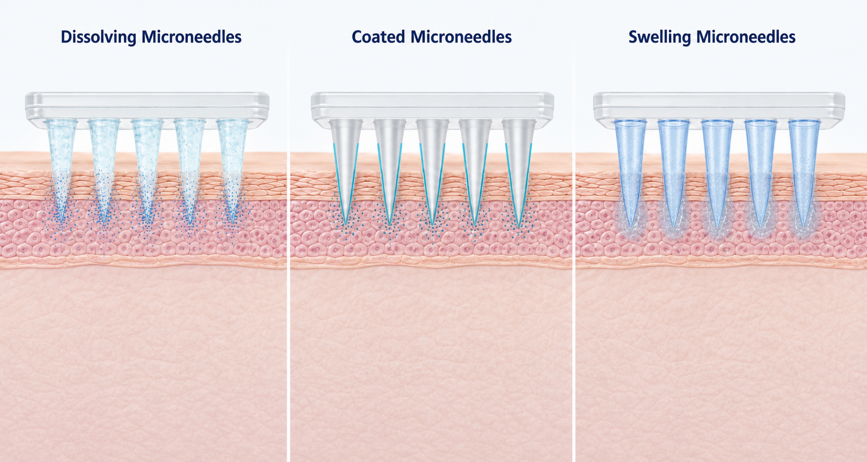 Comparison of dissolving, coated and swelling microneedle technology principles